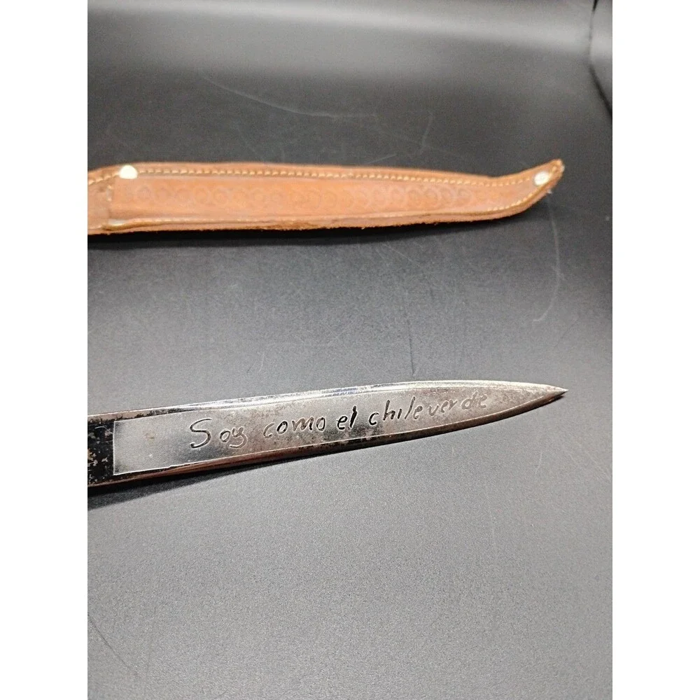 Vintage 9” Mexican Souvenir Dagger Aluminum Tribal Handle Engraved Blade Sheath